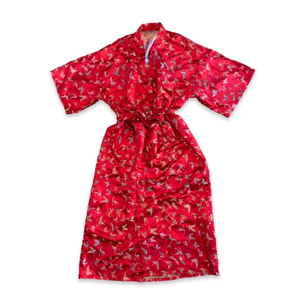 Vintage Red Embroidered Butterfly Kimono Satin